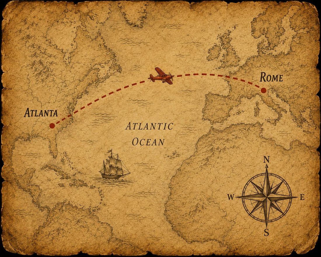 Map of the flight across the Atlantic Ocean from Atlanta to Rome