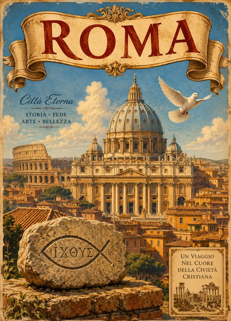 Vintage ROMA travel poster with St. Peter's Basilica, a white dove, and the early-Christian fish symbol