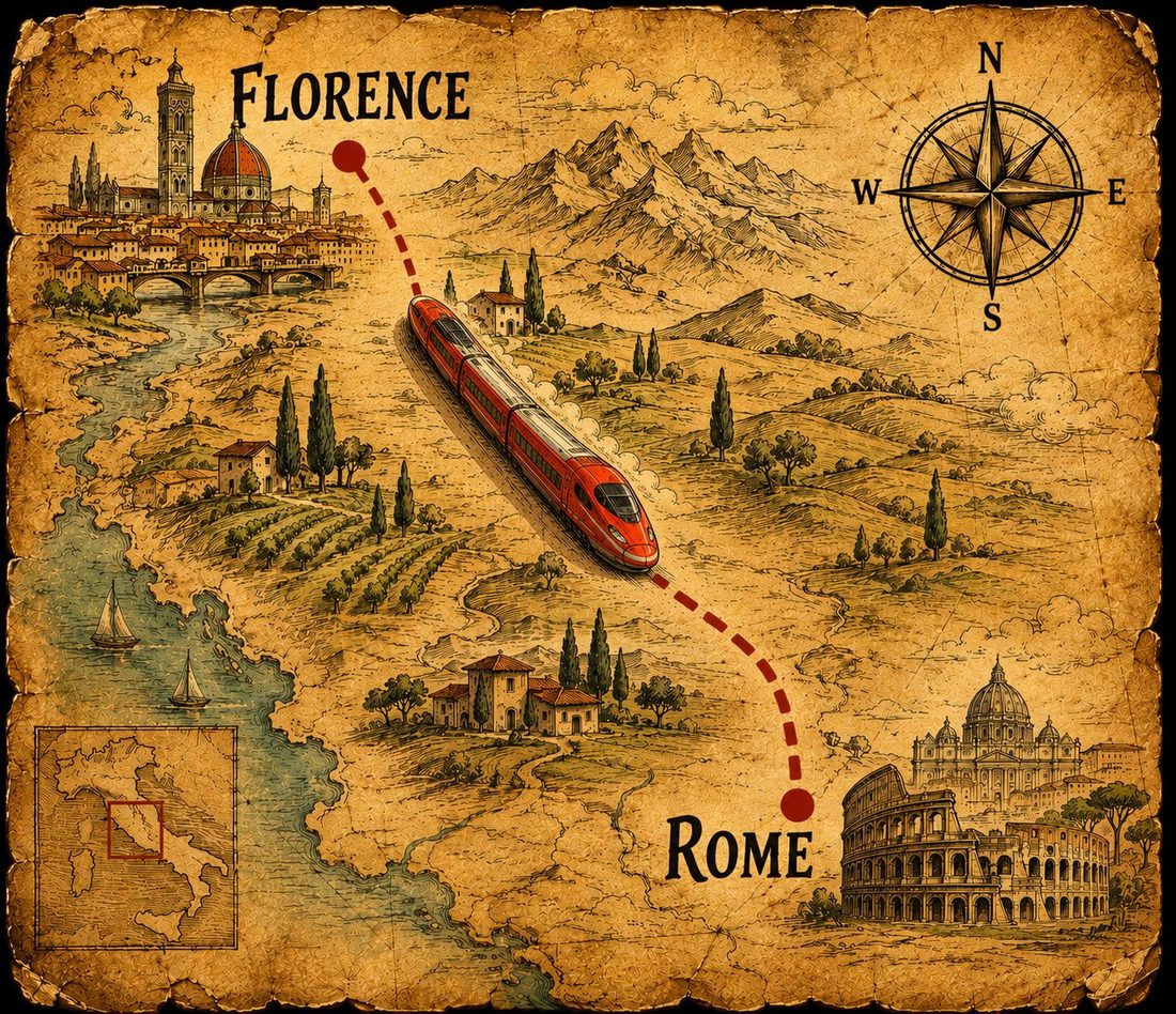 Map of the red high-speed train from Rome to Florence