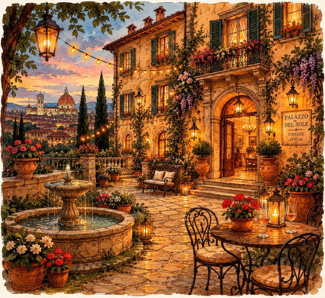 A Tuscan palazzo hotel with a garden at dusk and Florence's dome beyond