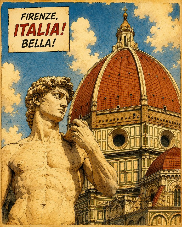 Comic-style art of Michelangelo's David in front of Florence's great dome