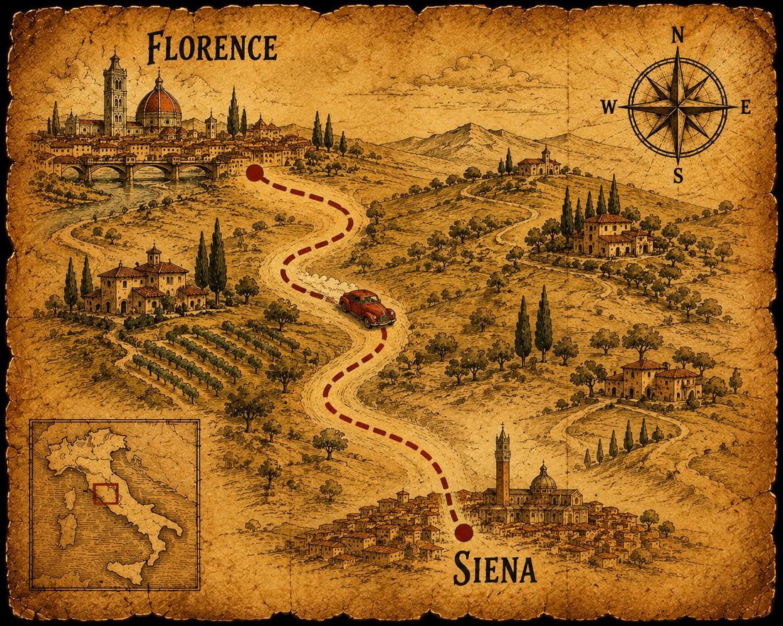 Map of the drive from Florence to Siena through the Tuscan hills