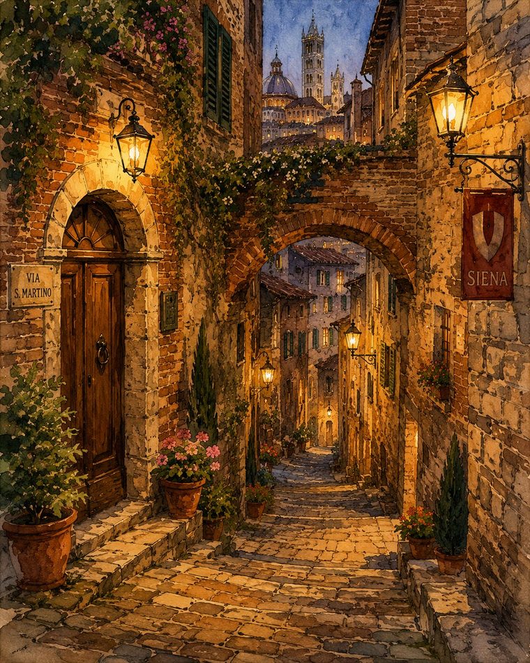 A lantern-lit medieval stone alley in Siena at dusk