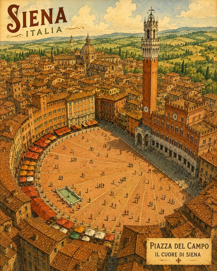 Aerial vintage poster of Siena's shell-shaped Piazza del Campo with the tall tower