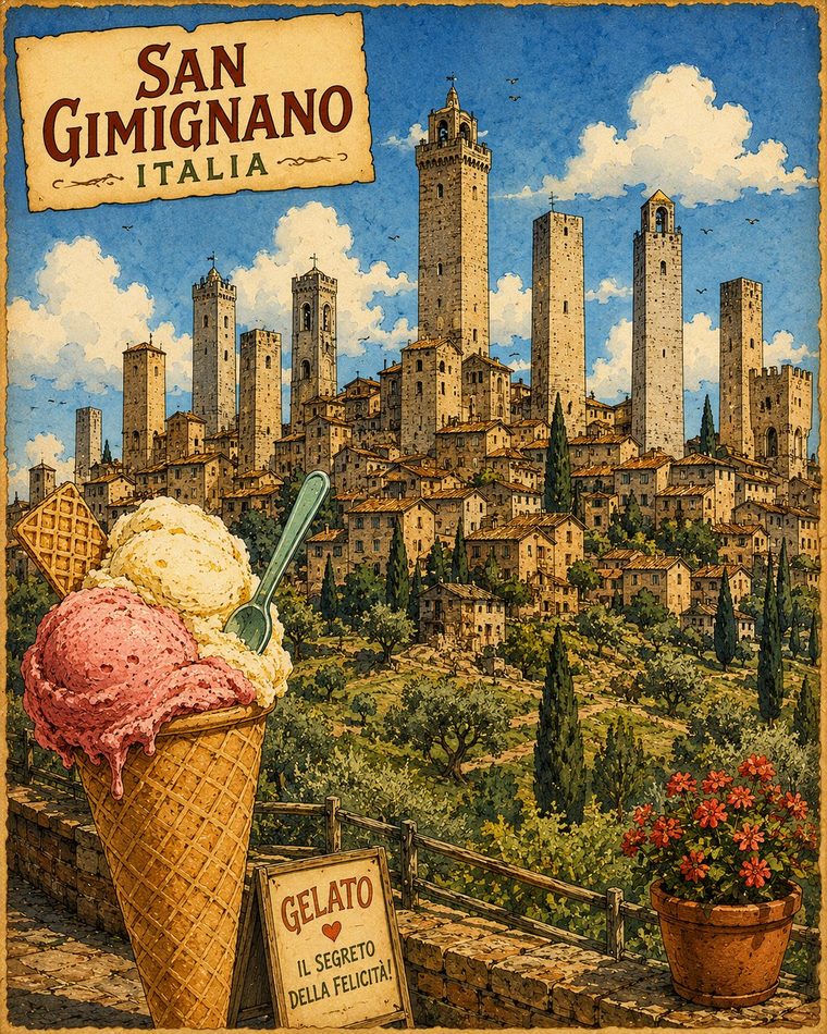 Vintage poster of San Gimignano's medieval towers with a giant gelato cone