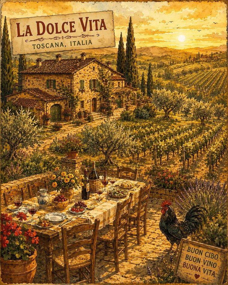 Vintage poster of a Tuscan vineyard farmhouse with a long feast table and a black rooster