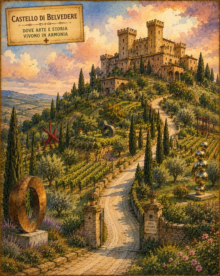 Vintage poster of a hilltop castle with modern art sculptures in the gardens