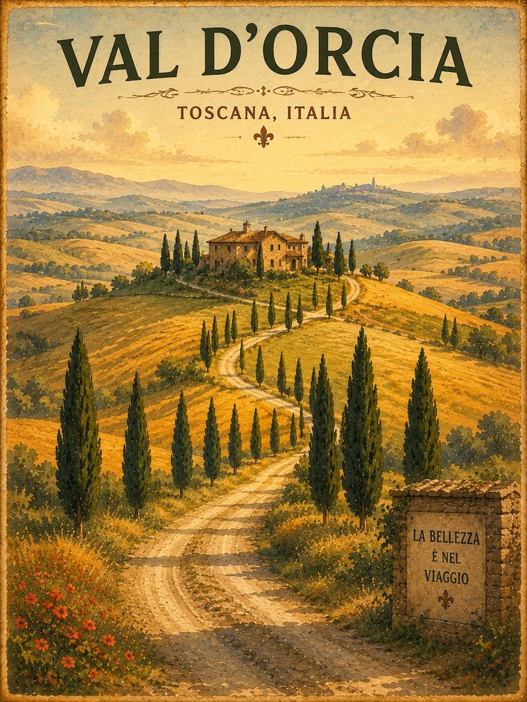 Vintage poster of the Val d'Orcia hills with a cypress-lined winding road