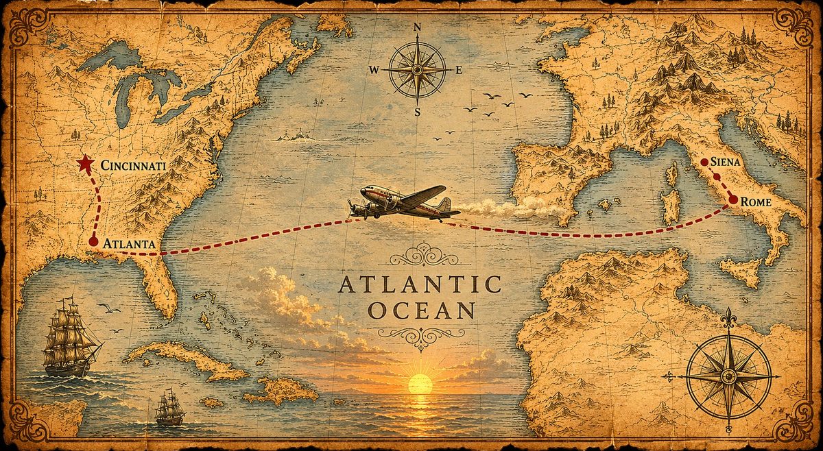 Finale map: train from Siena to Rome, a flight across the Atlantic to Atlanta, then up to Cincinnati